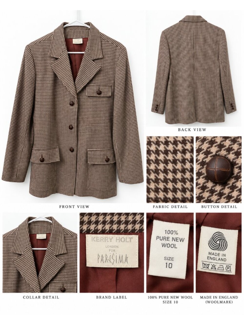 KERRY HOPE Made in London Women's US Sz 10 Vintage Blazer Houndstooth Pure Wool